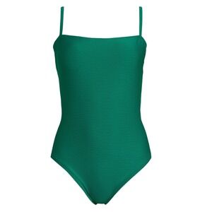 Time and Tru Womens One Piece Swimsuit Sz S (4-6) Green Bandeau Lace Up Stretch